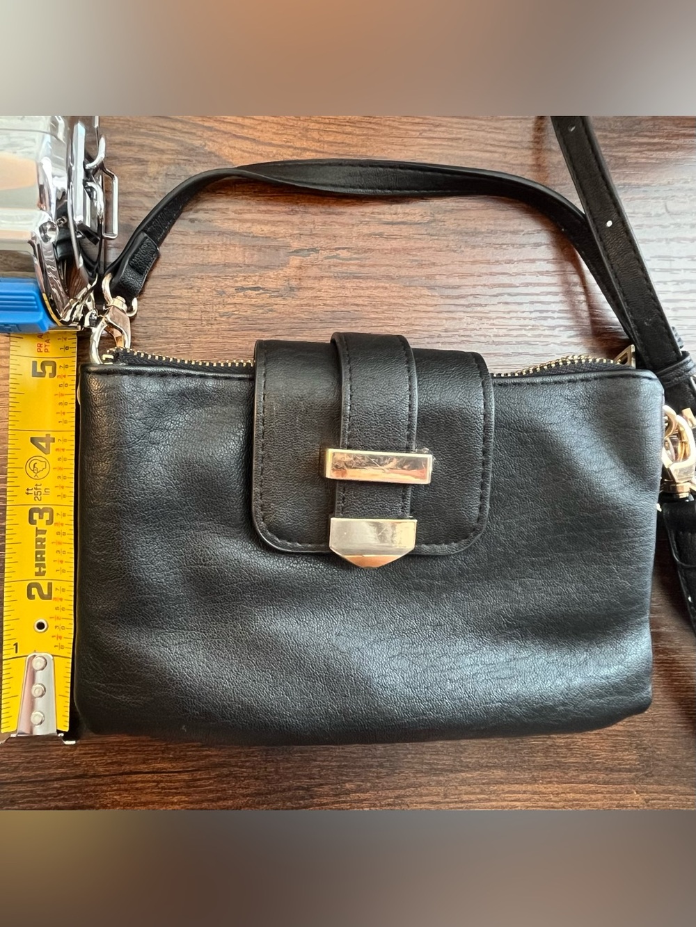 Miztique Black Vegan Leather Crossbody Bag Gold Hardware Buckle Detail - Picture 4 of 16